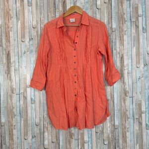 Color Me Cotton M Linen Pintuck Button Up Shirt Mini Dress Tunic Pastel Spring